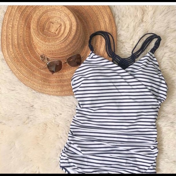 Navy and white striped one piece with ruching - Picture 9 of 9